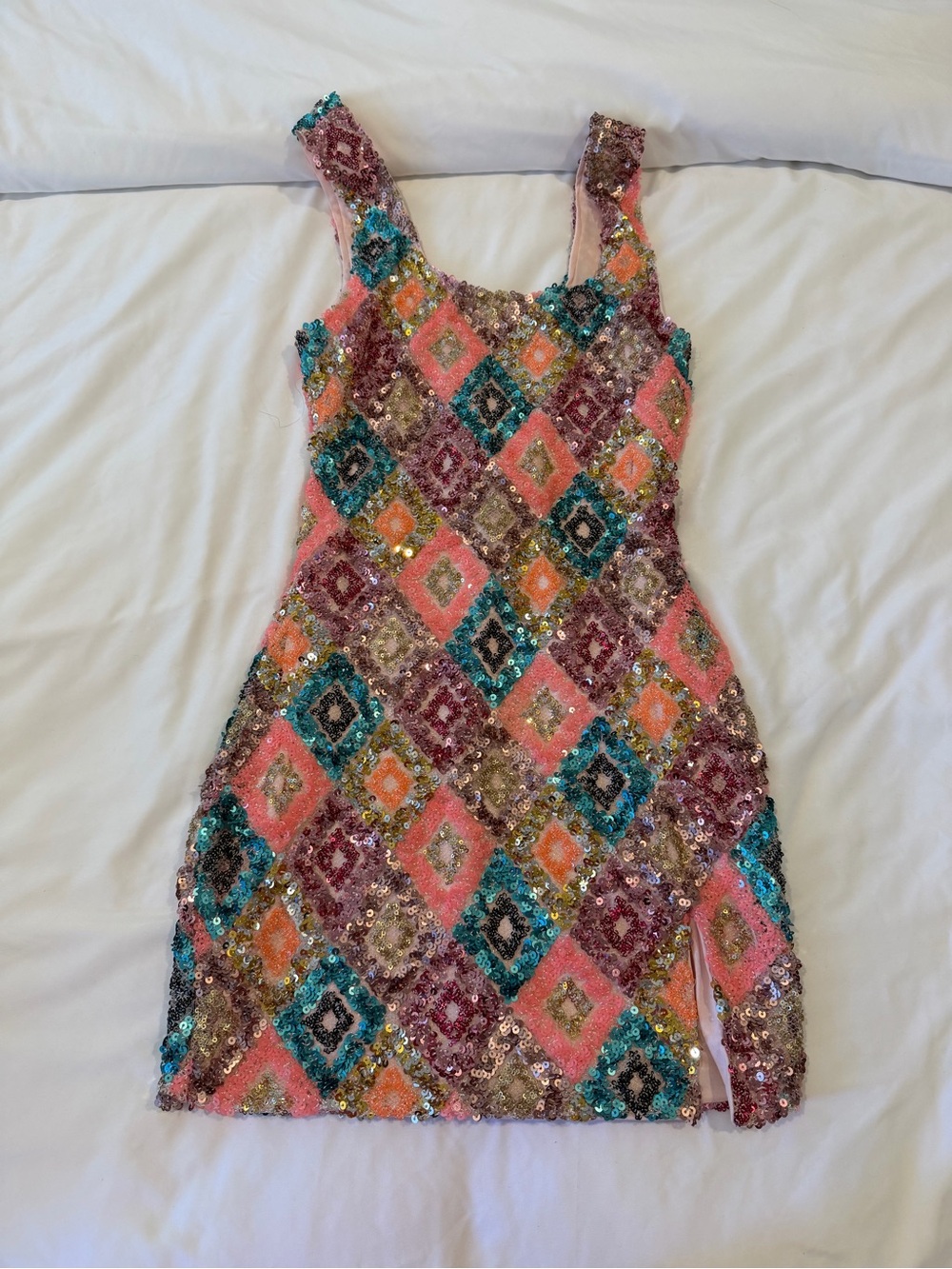 Sequin Multi-Color Diamond-Pattern Mini Dress - Pink